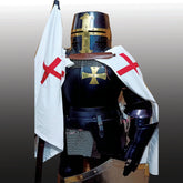 Medieval knight armor with shield cloak and flag for home decor